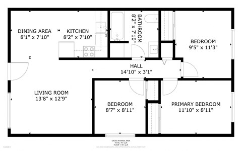 Floor plan for 3 beds, 1 bath, 780 sqft